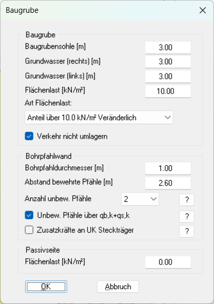 Dialogbox "Baugrube" bei einer Bohrpfahlwand